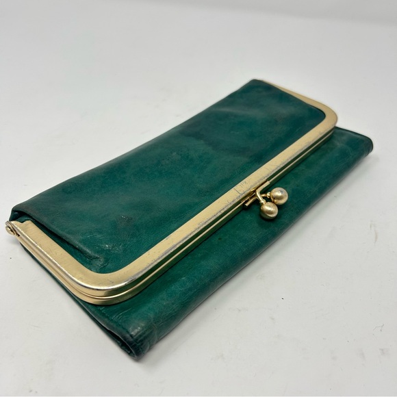 Hobo Vintage Green Leather Wallet Clutch Kiss-Lock Floral Lining - Picture 1 of 11